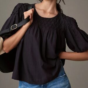 The Liza Puff-Sleeve Smocked Linen Top